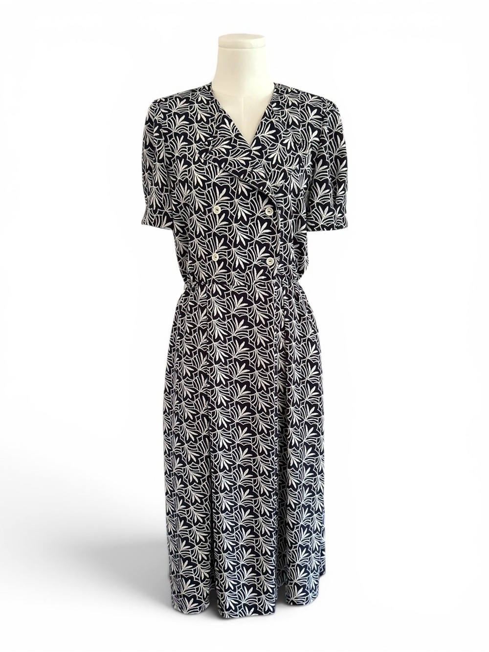 Vintage Liz Claiborne Petite Dress 80s 90s Navy White Midi Modest Size 4 Petite